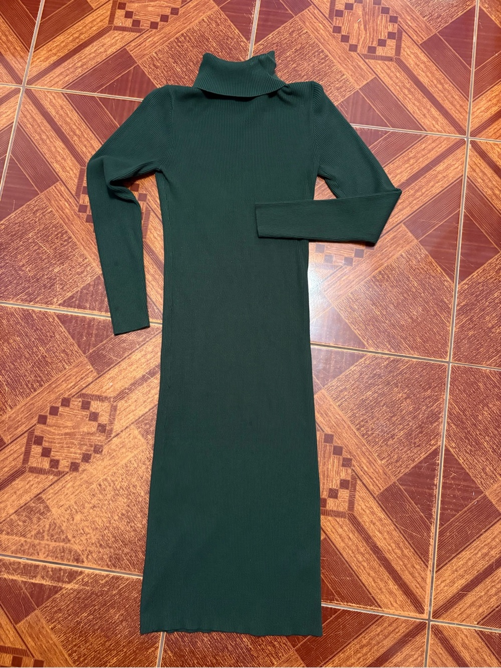 Ribbed Turtleneck Long Sleeve Maxi Dress - Forest Green